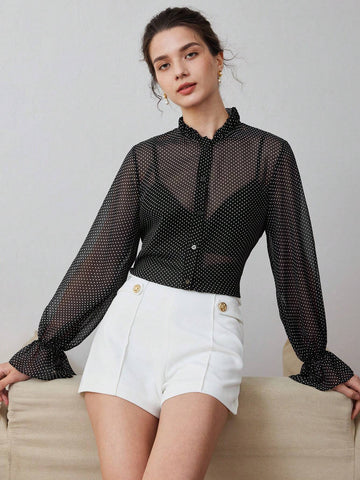 MOTF PREMIUM POLKA DOT FRILL MOCK NECK FLARE SLEEVE SEMI-SHEER BLOUSE