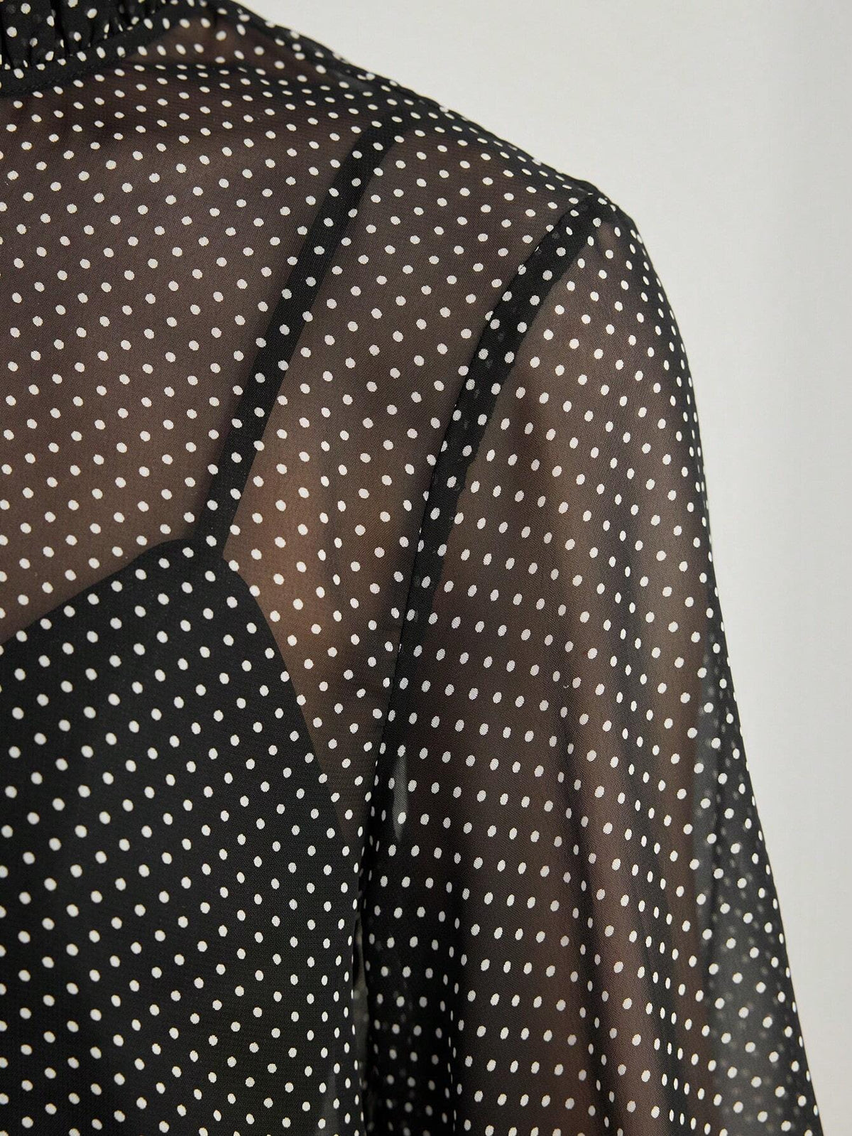 MOTF PREMIUM POLKA DOT FRILL MOCK NECK FLARE SLEEVE SEMI-SHEER BLOUSE