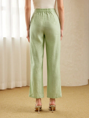 MOTF PREMIUM PURE LINEN SOLID COLOR FOLDED PLEATED STRAIGHT LEG PANTS