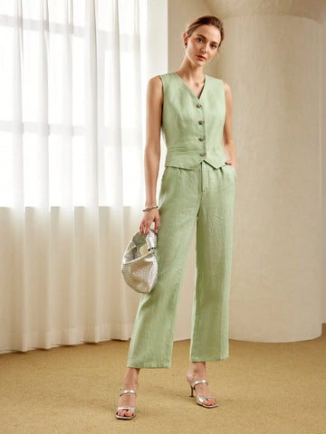 MOTF PREMIUM PURE LINEN SOLID COLOR FOLDED PLEATED STRAIGHT LEG PANTS