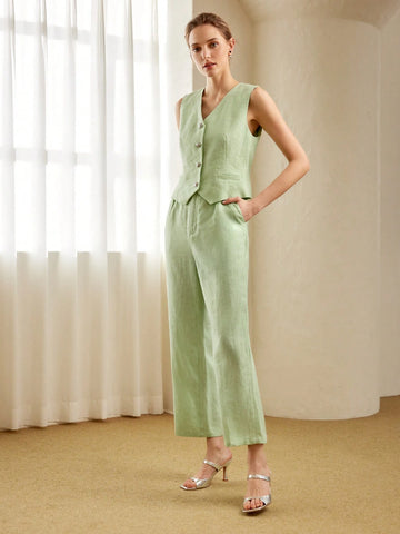 MOTF PREMIUM PURE LINEN SOLID COLOR FOLDED PLEATED STRAIGHT LEG PANTS