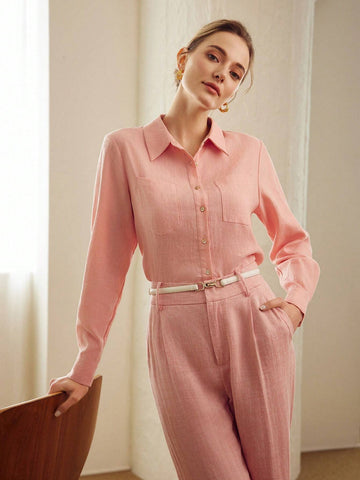 MOTF PREMIUM PURE LINEN SOLID COLOR PATCHWORK POCKET DESIGN LONG SLEEVE SHIRT