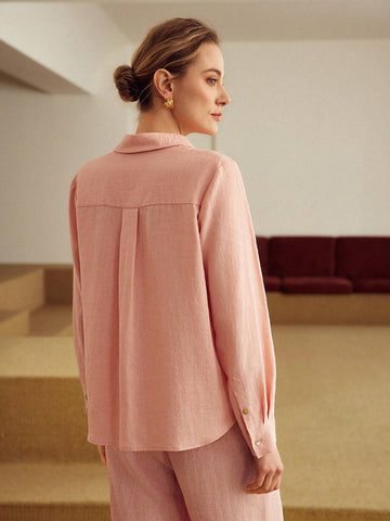 MOTF PREMIUM PURE LINEN SOLID COLOR PATCHWORK POCKET DESIGN LONG SLEEVE SHIRT
