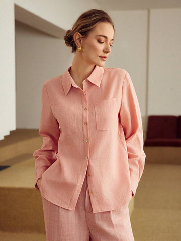 MOTF PREMIUM PURE LINEN SOLID COLOR PATCHWORK POCKET DESIGN LONG SLEEVE SHIRT