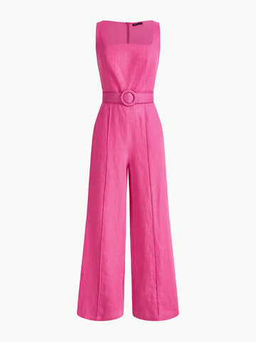 MOTF PREMIUM PURE LINEN SOLID COLOR SQUARE NECKLINE BELTED SLEEVELESS JUMPSUIT
