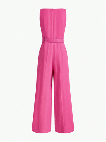 MOTF PREMIUM PURE LINEN SOLID COLOR SQUARE NECKLINE BELTED SLEEVELESS JUMPSUIT