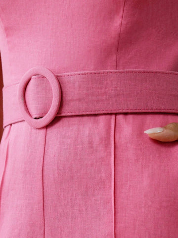 MOTF PREMIUM PURE LINEN SOLID COLOR SQUARE NECKLINE BELTED SLEEVELESS JUMPSUIT