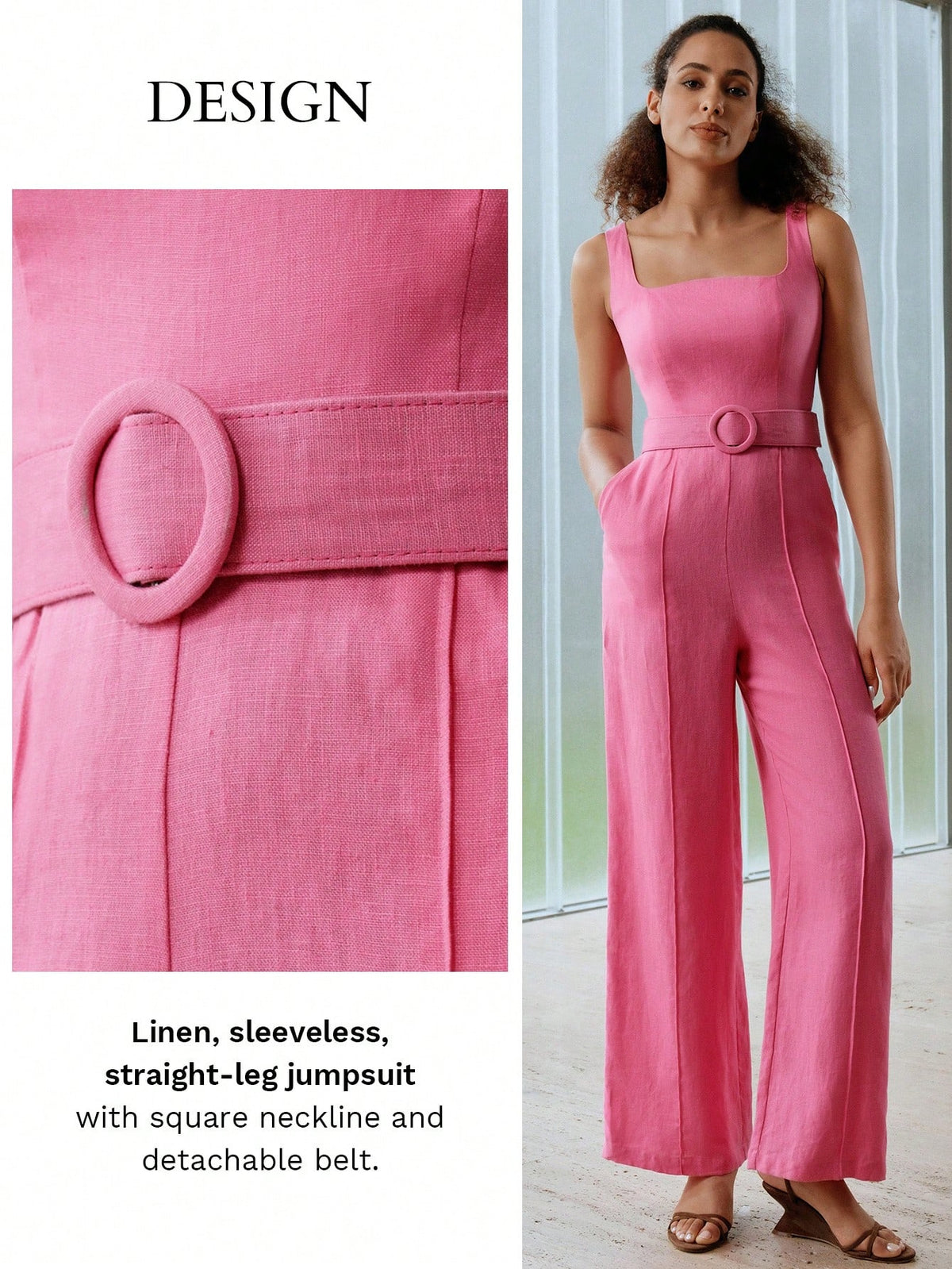 MOTF PREMIUM PURE LINEN SOLID COLOR SQUARE NECKLINE BELTED SLEEVELESS JUMPSUIT