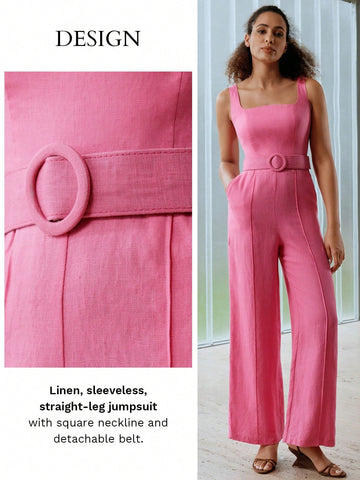 MOTF PREMIUM PURE LINEN SOLID COLOR SQUARE NECKLINE BELTED SLEEVELESS JUMPSUIT