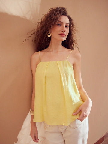 MOTF PREMIUM PURE LINEN SOLID FOLD PLEATED CAMI TOP