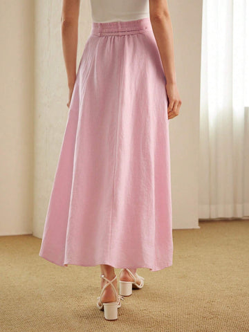 MOTF PREMIUM PURE LINEN SOLID SLANT POCKET BELTED SKIRT