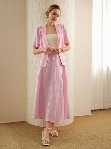 MOTF PREMIUM PURE LINEN SOLID SLANT POCKET BELTED SKIRT