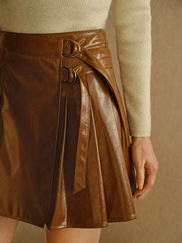 MOTF PREMIUM PU LEATHER BUCKLE PLEATED SKIRT