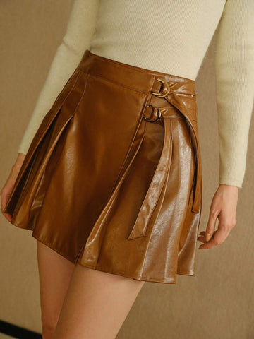 MOTF PREMIUM PU LEATHER BUCKLE PLEATED SKIRT