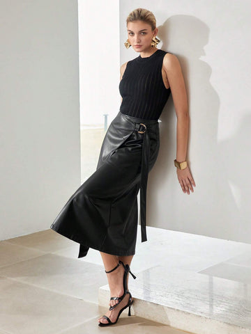 MOTF PREMIUM PU LEATHER D-RING WRAP SKIRT