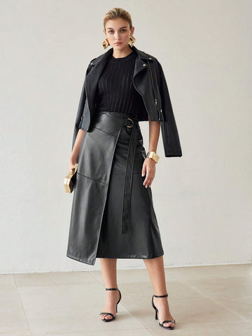 MOTF PREMIUM PU LEATHER D-RING WRAP SKIRT