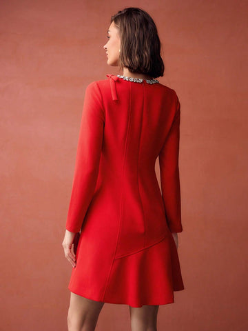 MOTF PREMIUM RHINESTONE BOW DETAIL FLARE HEM SHORT DRESS