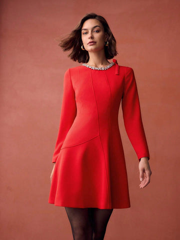 MOTF PREMIUM RHINESTONE BOW DETAIL FLARE HEM SHORT DRESS