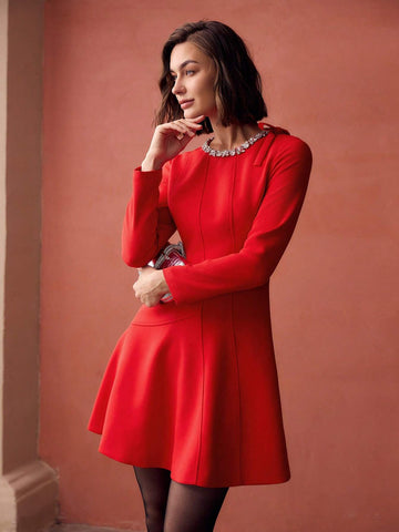 MOTF PREMIUM RHINESTONE BOW DETAIL FLARE HEM SHORT DRESS