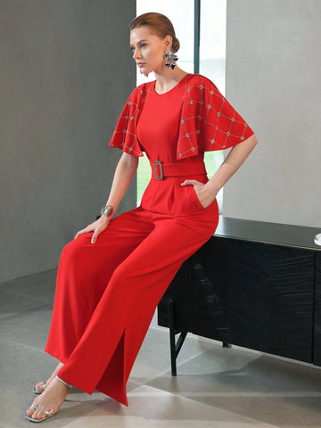 MOTF PREMIUM RHINESTONE DETAIL BUCKLE BELTED SLANT POCKET CAPE JUMPSUIT