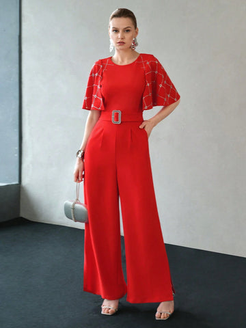 MOTF PREMIUM RHINESTONE DETAIL BUCKLE BELTED SLANT POCKET CAPE JUMPSUIT