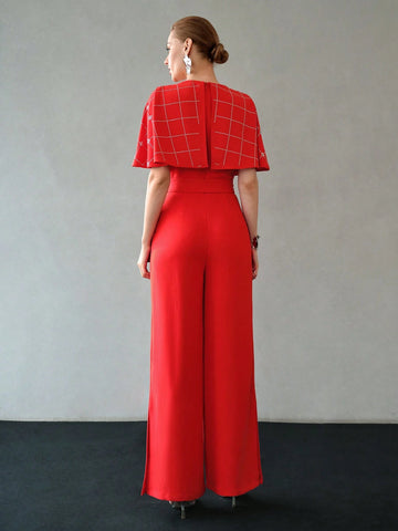 MOTF PREMIUM RHINESTONE DETAIL BUCKLE BELTED SLANT POCKET CAPE JUMPSUIT