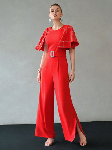 MOTF PREMIUM RHINESTONE DETAIL BUCKLE BELTED SLANT POCKET CAPE JUMPSUIT