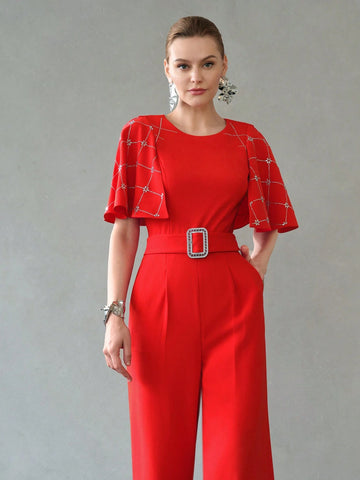 MOTF PREMIUM RHINESTONE DETAIL BUCKLE BELTED SLANT POCKET CAPE JUMPSUIT