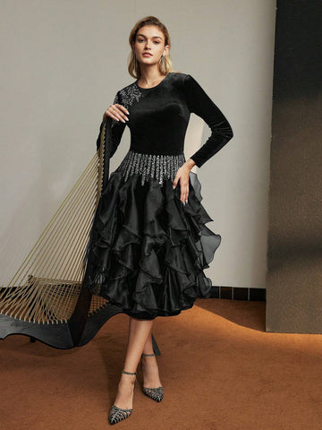 MOTF PREMIUM RHINESTONE DETAIL LAYERED RUFFLE TRIM COCKTAIL DRESS