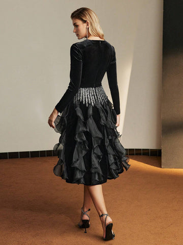 MOTF PREMIUM RHINESTONE DETAIL LAYERED RUFFLE TRIM COCKTAIL DRESS