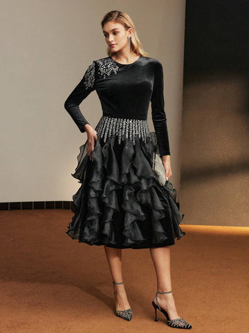 MOTF PREMIUM RHINESTONE DETAIL LAYERED RUFFLE TRIM COCKTAIL DRESS