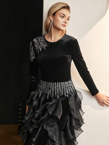 MOTF PREMIUM RHINESTONE DETAIL LAYERED RUFFLE TRIM COCKTAIL DRESS