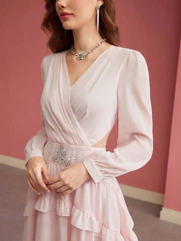 MOTF PREMIUM RHINESTONE DETAIL RUFFLE TRIM DRESS,VALENTINE'S DAY OUTFIT