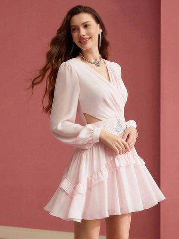 MOTF PREMIUM RHINESTONE DETAIL RUFFLE TRIM DRESS,VALENTINE'S DAY OUTFIT