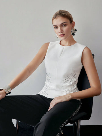 MOTF PREMIUM RHINESTONE DETAIL ZIPPER BACK SLEEVELESS BLOUSE