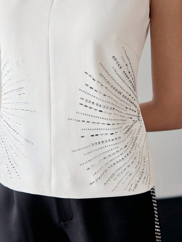 MOTF PREMIUM RHINESTONE DETAIL ZIPPER BACK SLEEVELESS BLOUSE