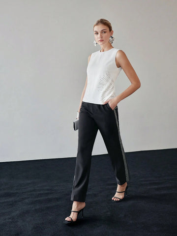 MOTF PREMIUM RHINESTONE DETAIL ZIPPER BACK SLEEVELESS BLOUSE