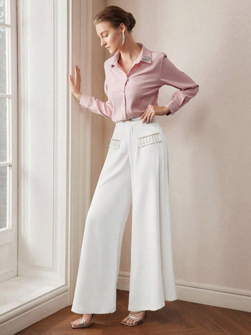 MOTF PREMIUM RHINESTONE FRINGE FLAP DETAIL WIDE LEG PANTS