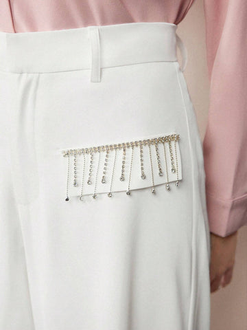 MOTF PREMIUM RHINESTONE FRINGE FLAP DETAIL WIDE LEG PANTS