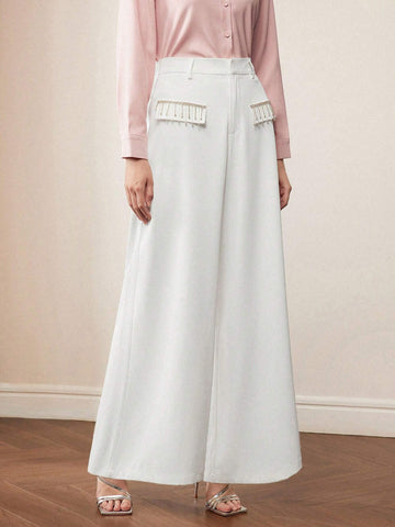 MOTF PREMIUM RHINESTONE FRINGE FLAP DETAIL WIDE LEG PANTS