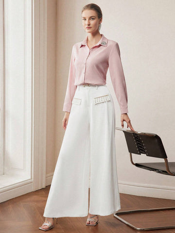 MOTF PREMIUM RHINESTONE FRINGE FLAP DETAIL WIDE LEG PANTS
