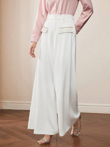 MOTF PREMIUM RHINESTONE FRINGE FLAP DETAIL WIDE LEG PANTS