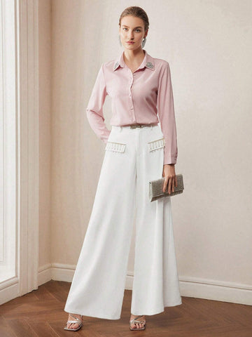 MOTF PREMIUM RHINESTONE FRINGE FLAP DETAIL WIDE LEG PANTS