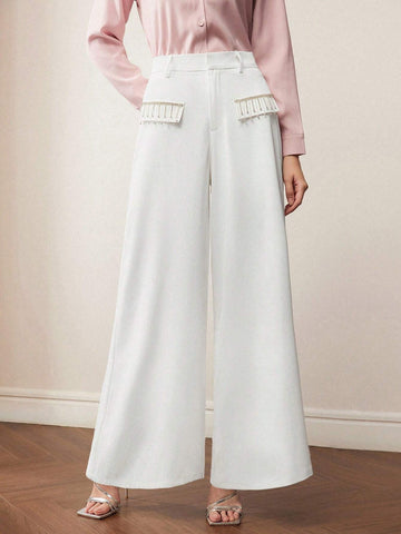 MOTF PREMIUM RHINESTONE FRINGE FLAP DETAIL WIDE LEG PANTS