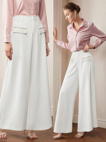 MOTF PREMIUM RHINESTONE FRINGE FLAP DETAIL WIDE LEG PANTS