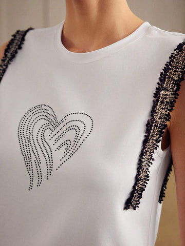 MOTF PREMIUM RHINESTONE HEART PATTERN CONTRAST TAPE DETAIL TANK TOP