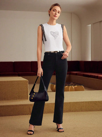 MOTF PREMIUM RHINESTONE HEART PATTERN CONTRAST TAPE DETAIL TANK TOP