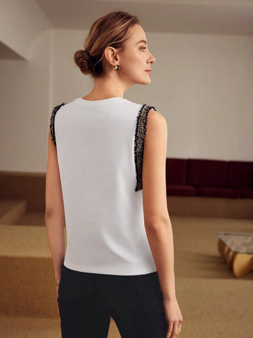 MOTF PREMIUM RHINESTONE HEART PATTERN CONTRAST TAPE DETAIL TANK TOP