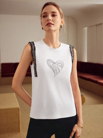 MOTF PREMIUM RHINESTONE HEART PATTERN CONTRAST TAPE DETAIL TANK TOP