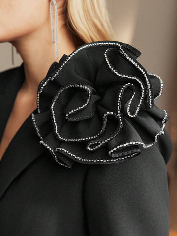 MOTF PREMIUM RHINESTONE STEREO FLOWER DETAIL PEAK COLLAR DOUBLE BREASTED PLACKET PARTY BLAZER DRESS